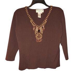 Joseph A. Beaded Brown Knit Top Women’s XL Embellished V-Neck Sweater‎ Boho